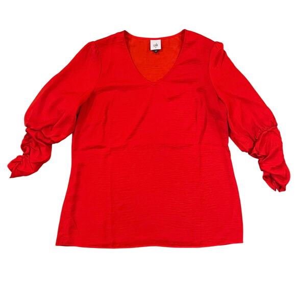 CAbi Aurora Vermillion Bright Red Ruched Sleeved V-Neck Blouse - SIZE M - Picture 1 of 8